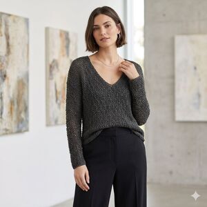 Eileen Fisher Chunky Knit Sweater Womens XS Gray Sheer V-Neck Pullover